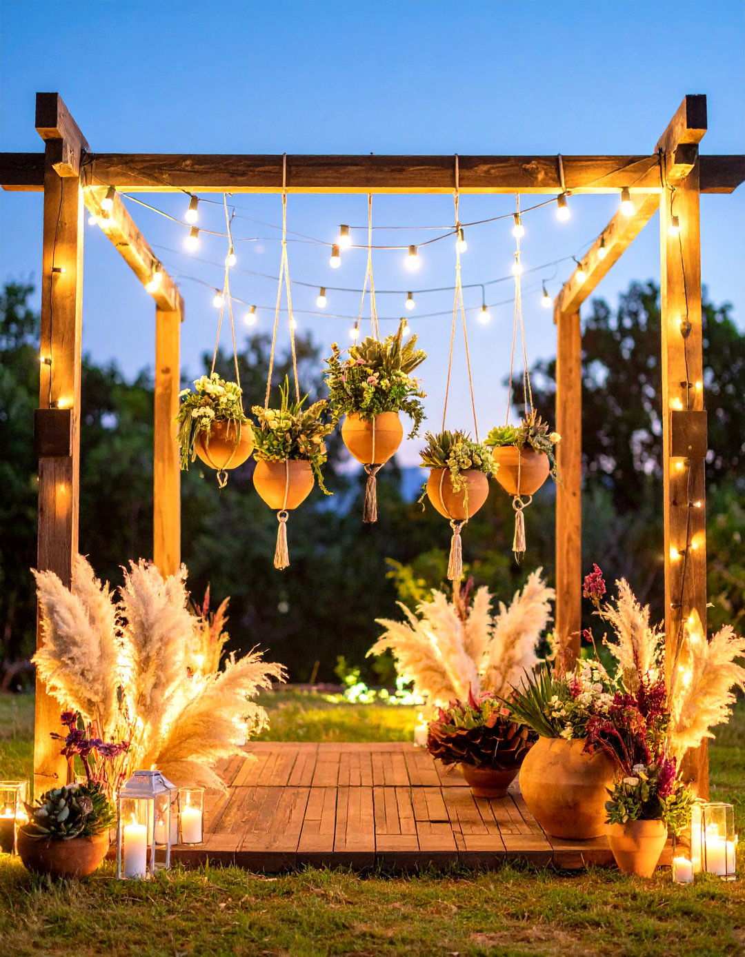 Hanging Terracotta Planters Ceremony Backdrop - 24 Terracotta Wedding Décor Ideas