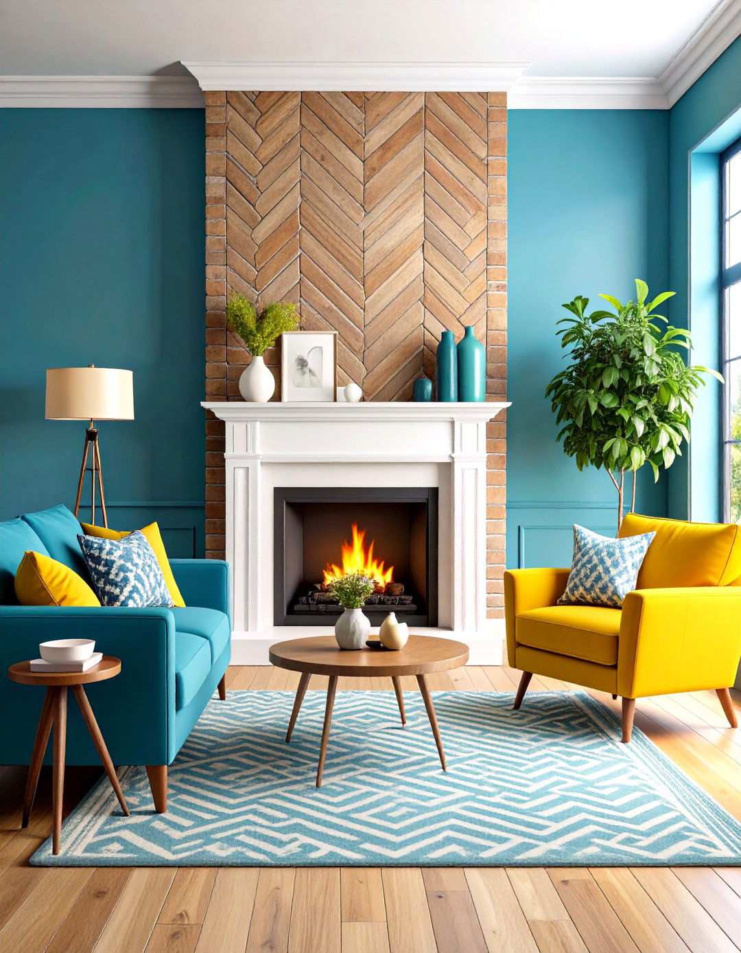 Herringbone Brick Pattern Focal Wall - 24 Rustic Living Room With a Brick Fireplace Ideas