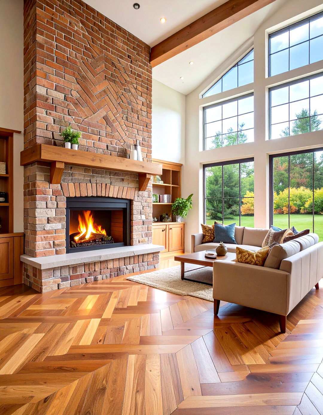 Herringbone Brick Pattern Installation - 24 Two-story Fireplace Ideas