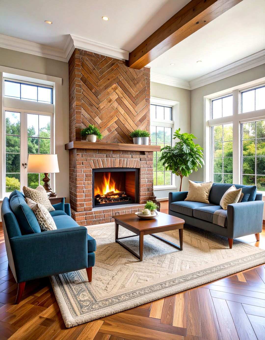 Herringbone Pattern Brick Fireplace - 24 Rustic Brick Fireplace Ideas