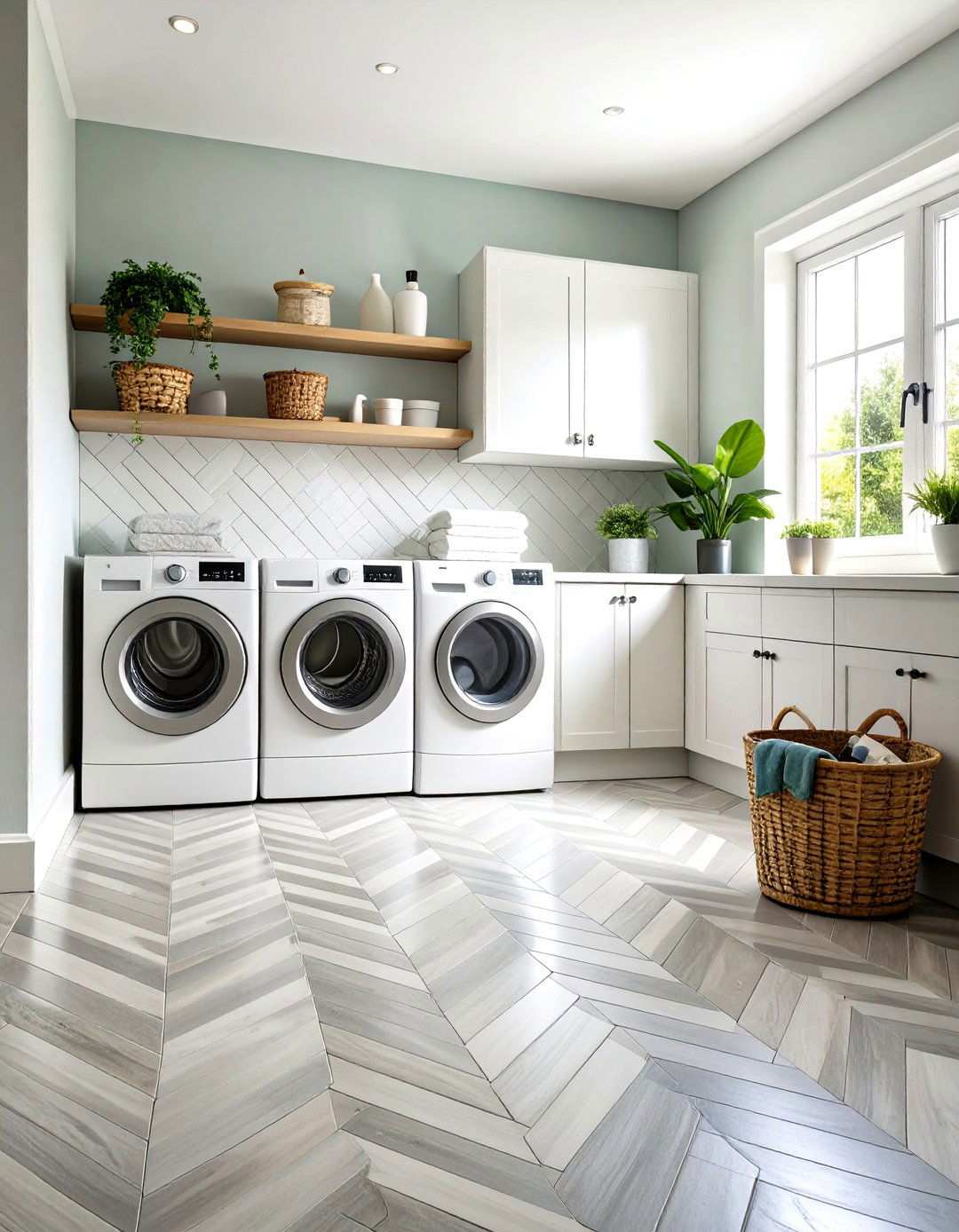 Herringbone Pattern Ceramic Tiles - 24 Laundry Room Floor Ideas