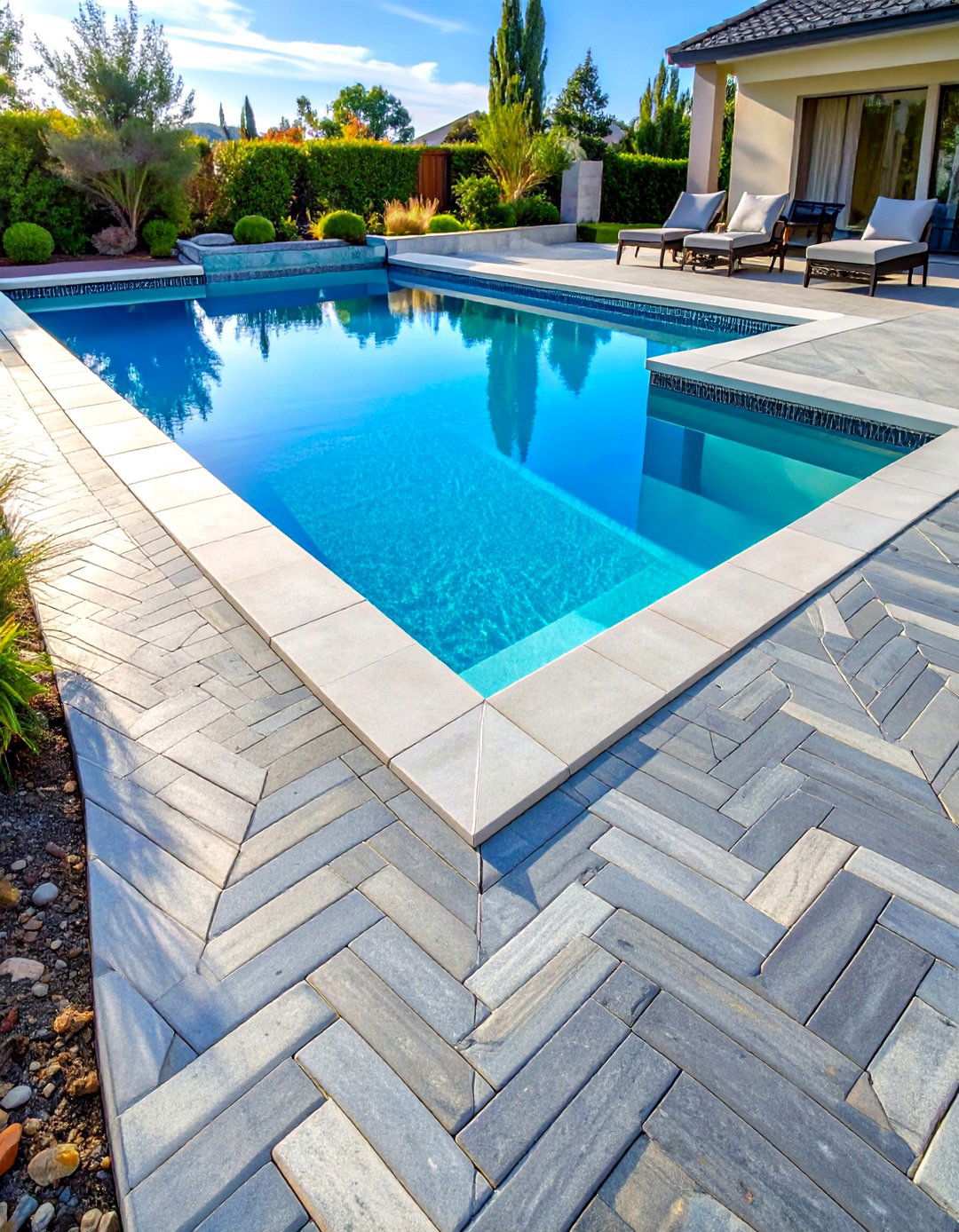 Herringbone Pattern Concrete Paver Pool Deck - 24 Pavers Around Pool Ideas