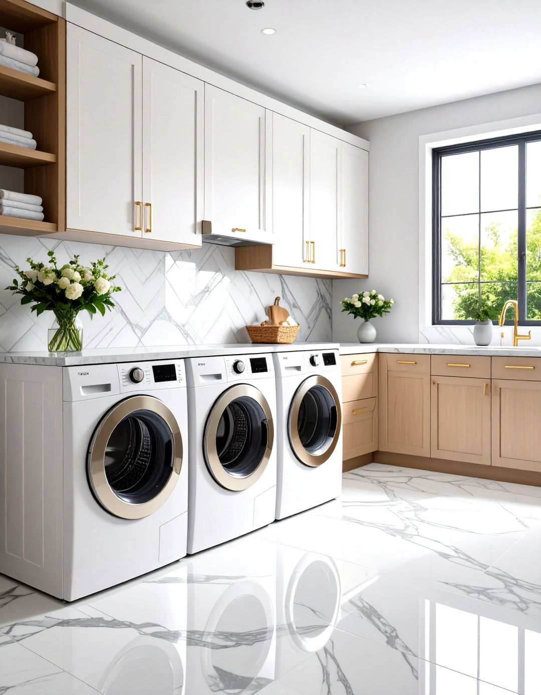 Herringbone Pattern Marble Backsplash - 24 Laundry Room Backsplash Ideas