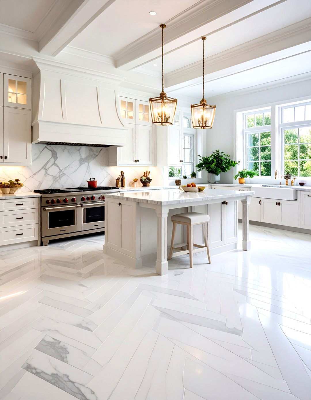 Herringbone Pattern White Marble Layout - 24 Marble Kitchen Floor Ideas