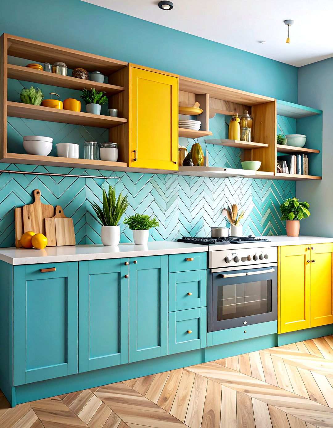 Herringbone Pattern Wood Shelving - 24 Open Shelving Kitchen Ideas