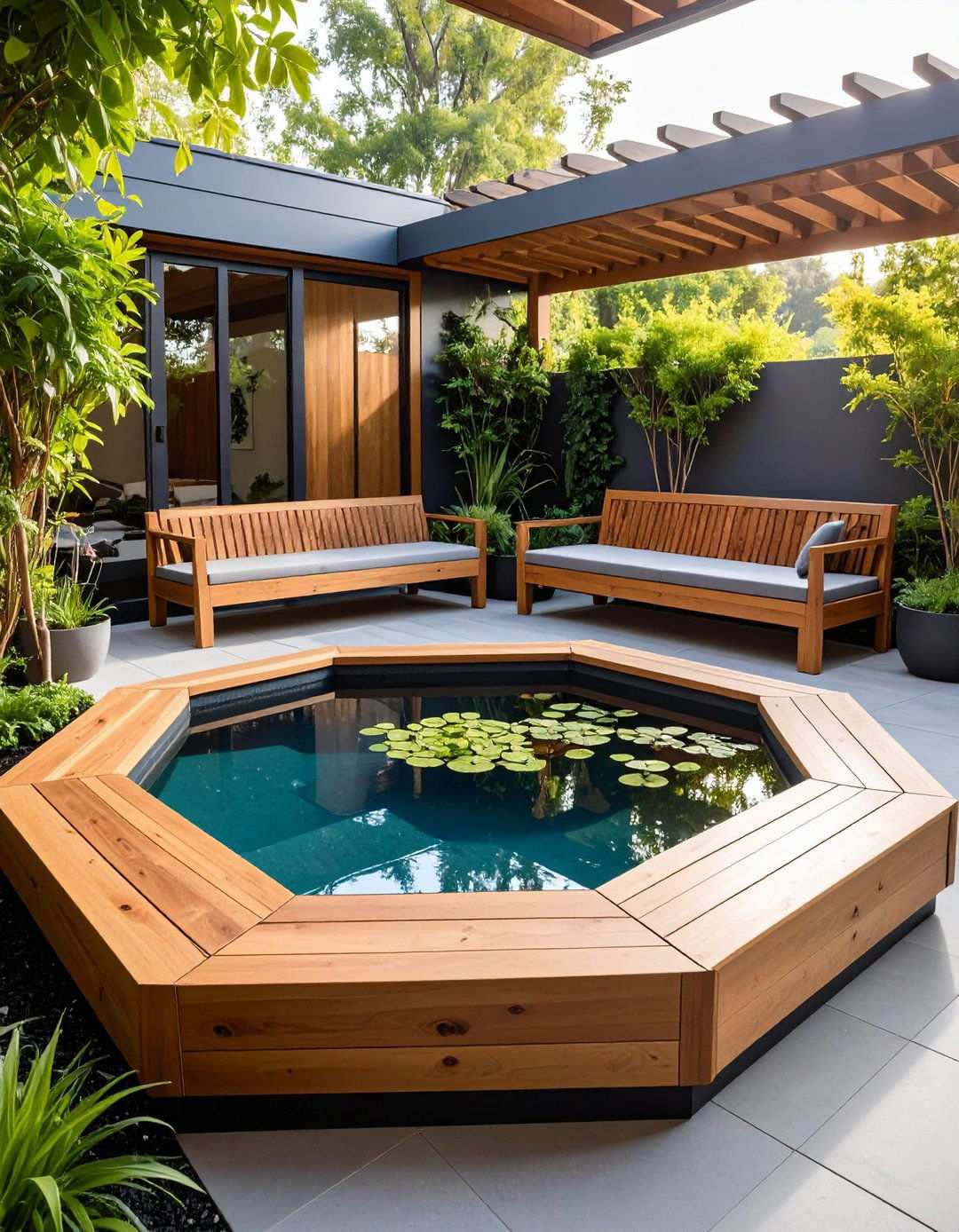 Hexagonal Raised Pond with Integrated Seating - 24 Raised Garden Pond Ideas