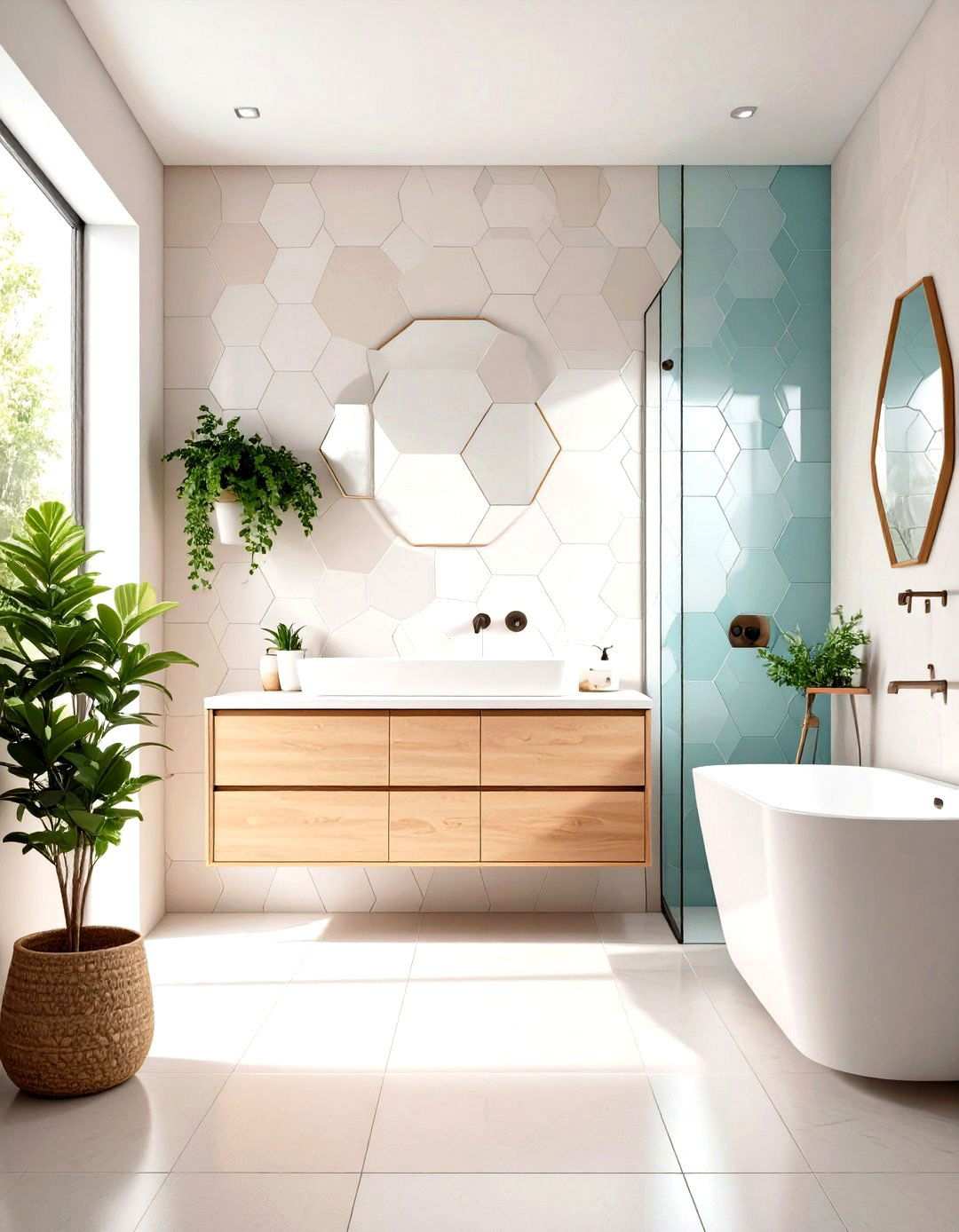 Hexagonal Tile Feature Wall - 24 Small Bathroom Walk-in Shower Ideas