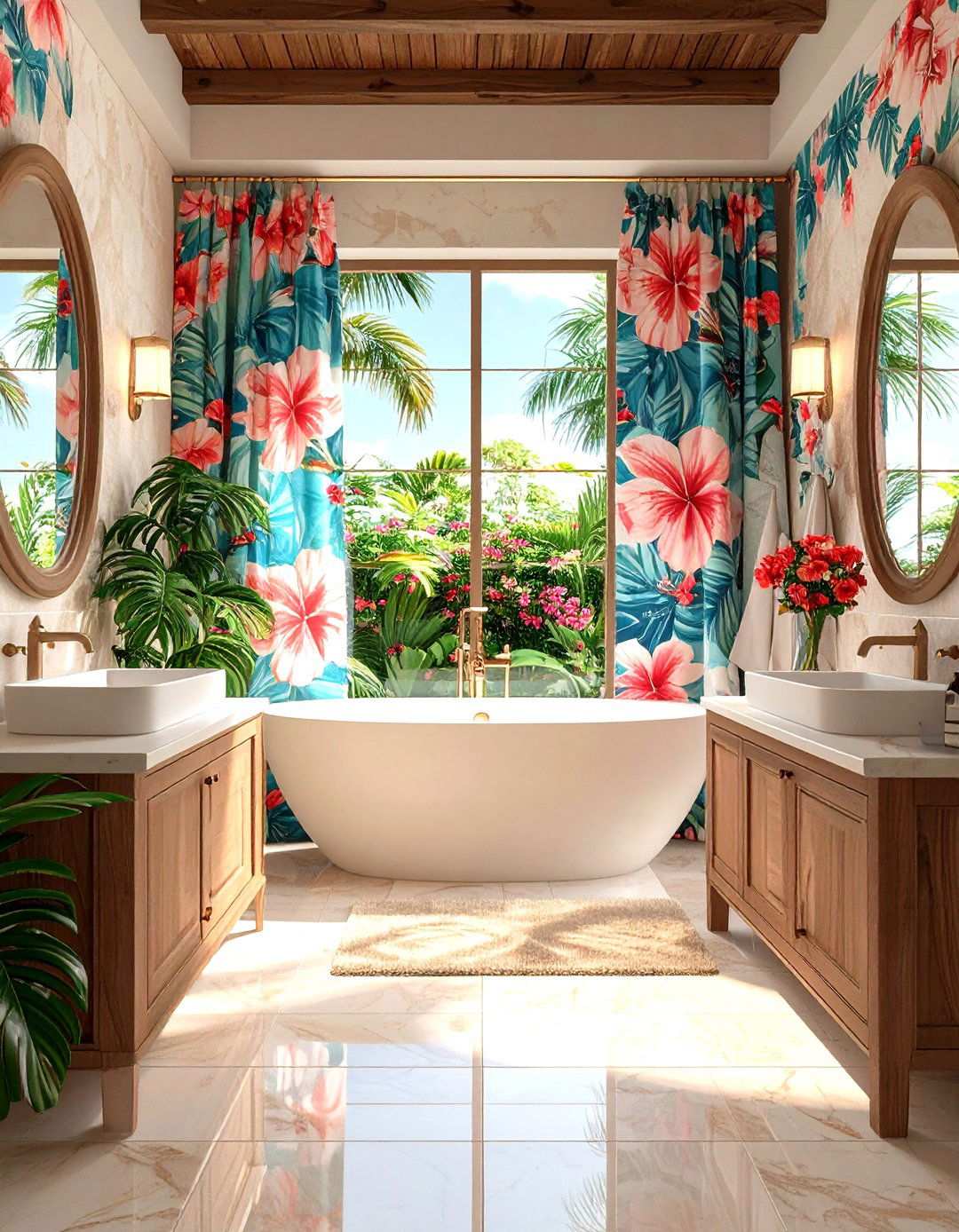 Hibiscus Floral Pattern Paradise - 24 Tropical Bathroom Ideas
