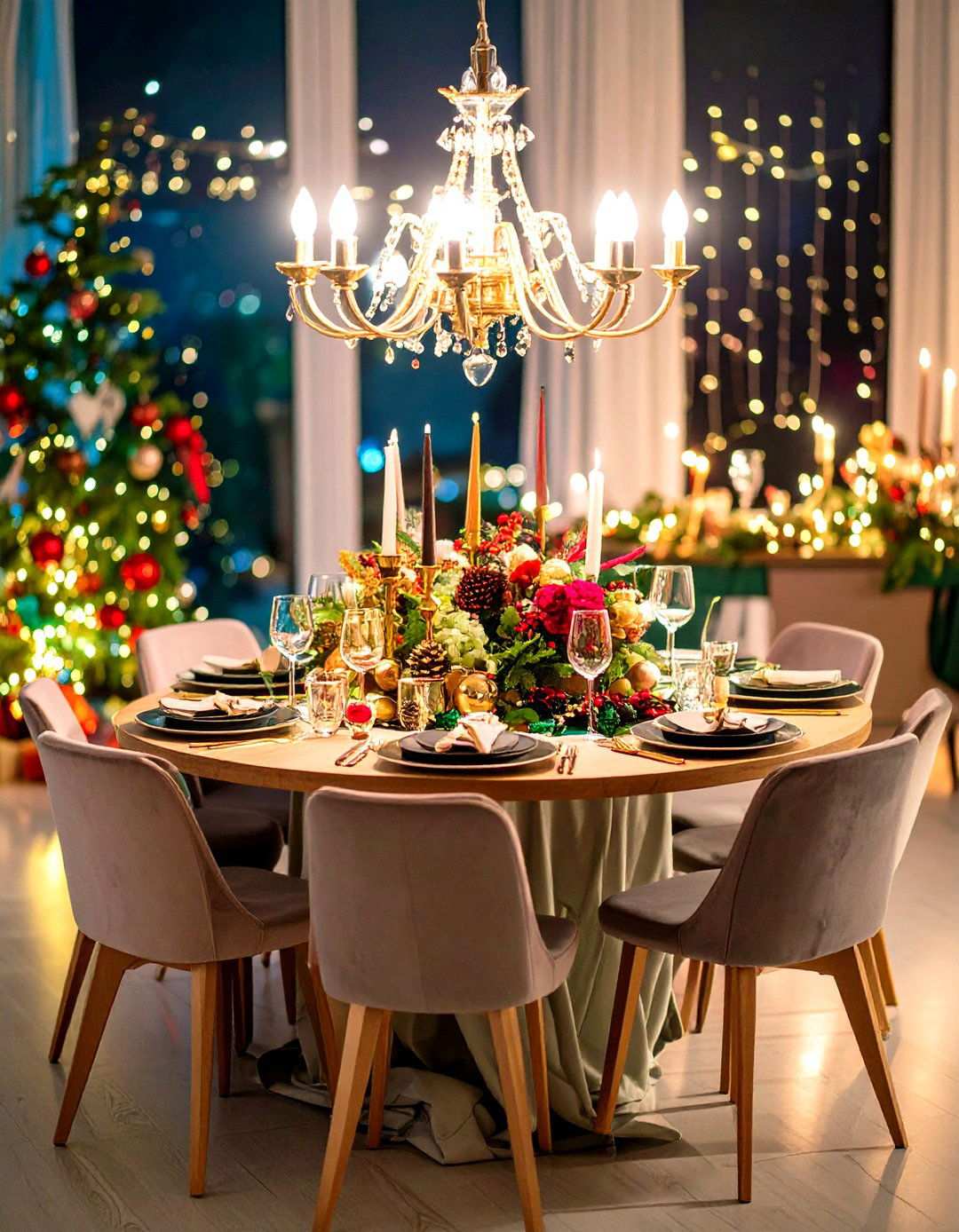 Holiday Festive Theme with Seasonal Colors and Ornaments - 24 Round Table Decor Ideas