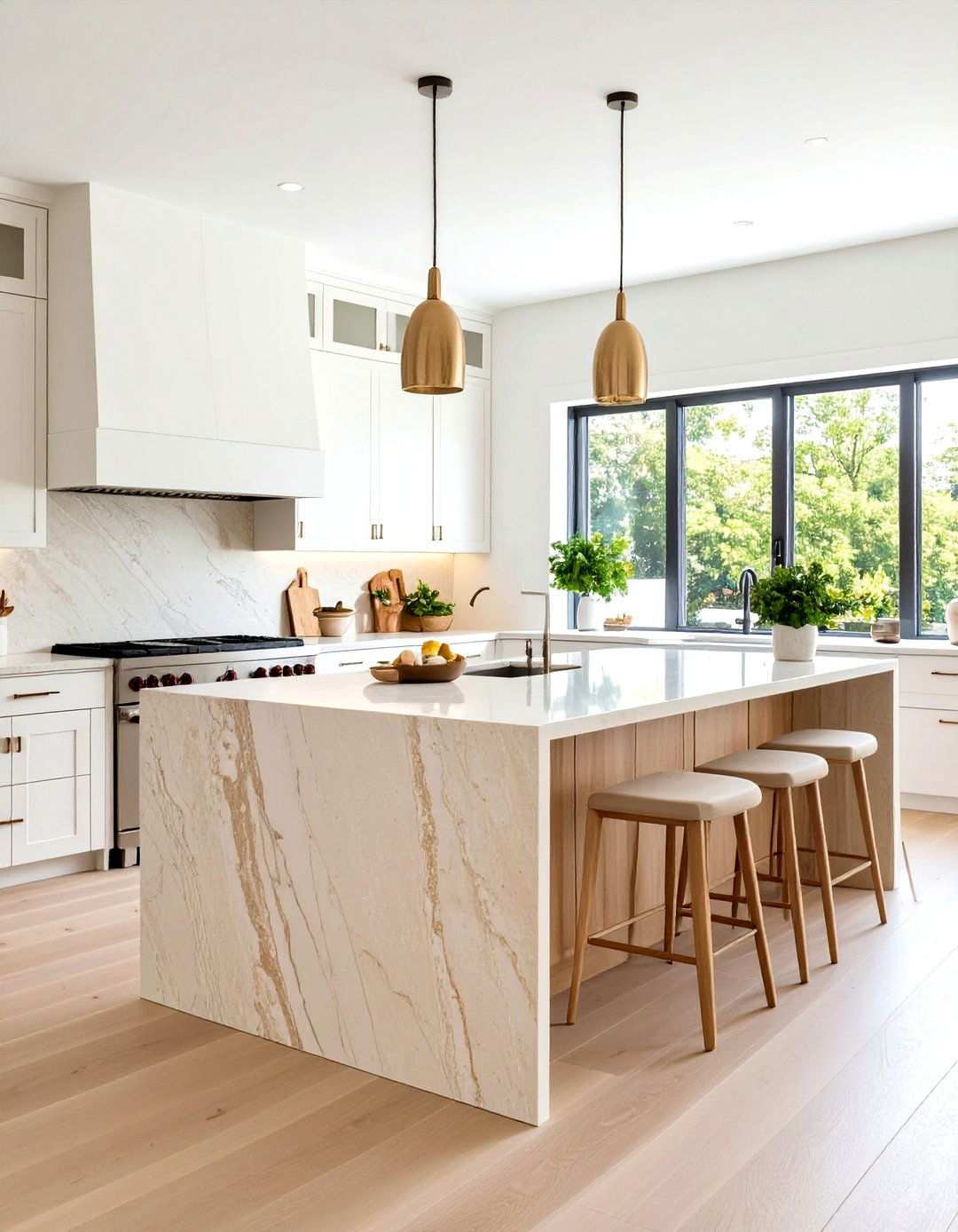 Honed Limestone Waterfall Island - 24 Waterfall Kitchen Island Ideas
