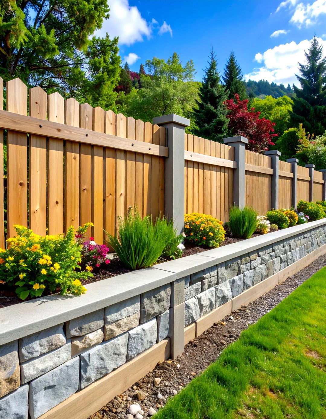 Horizontal Fence with Concrete Base Wall - 24 Horizontal Fence Ideas