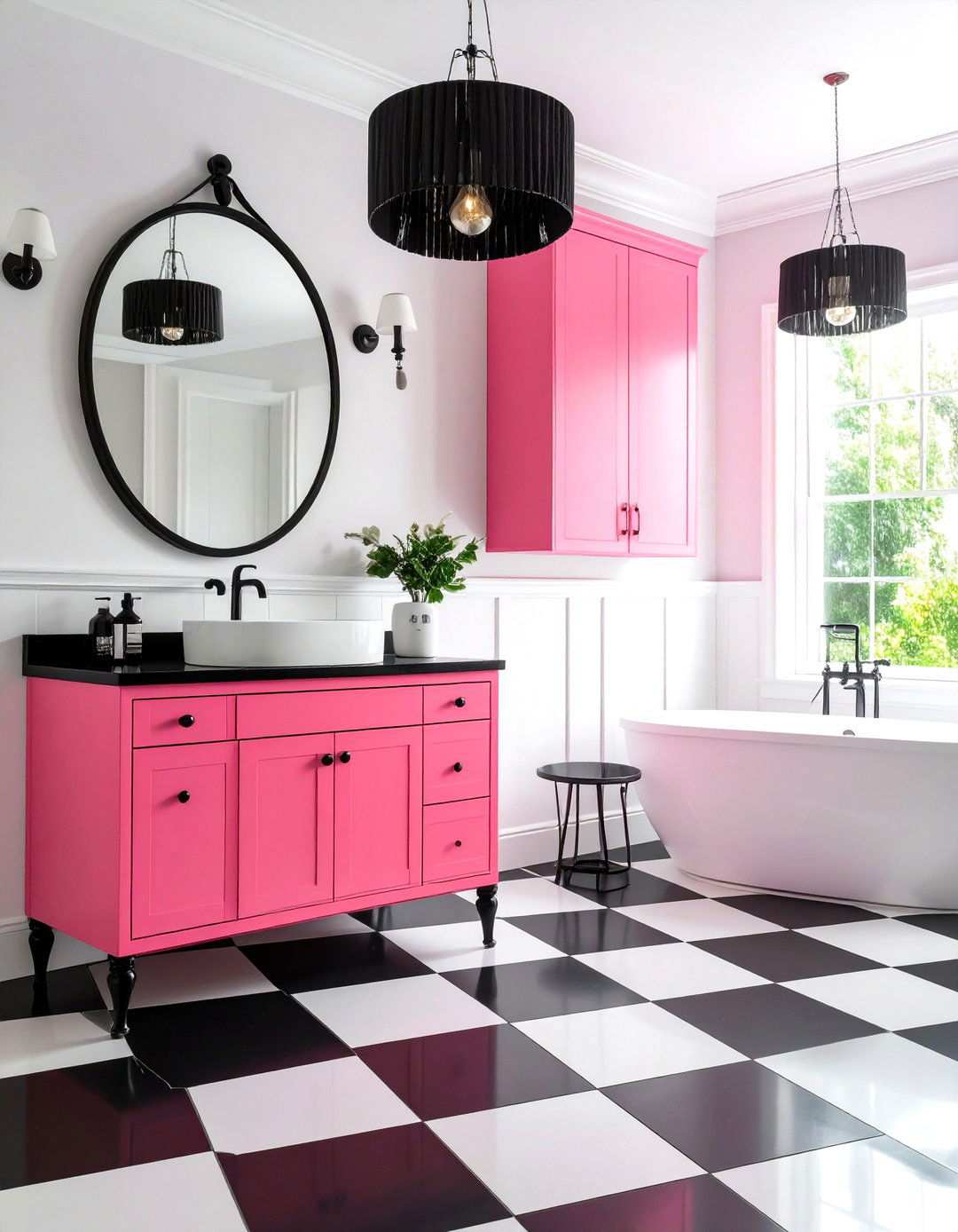 Hot Pink Vanity with Black and White Checkered Floors - 24 Pink and Black Bathroom Ideas