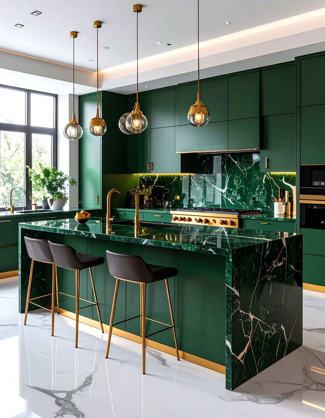 Hunter Green Marble Glamorous Kitchen - 24 Kitchen With Green Countertops Ideas
