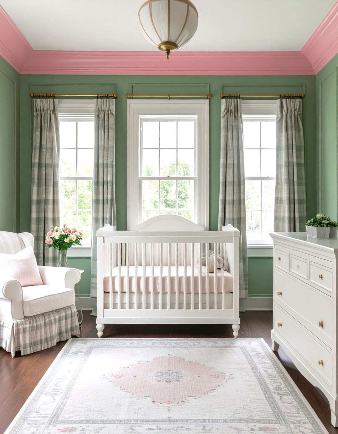 Hunter Green Wainscoting with Pink Crown Molding - 24 Pink and Green Nursery Ideas