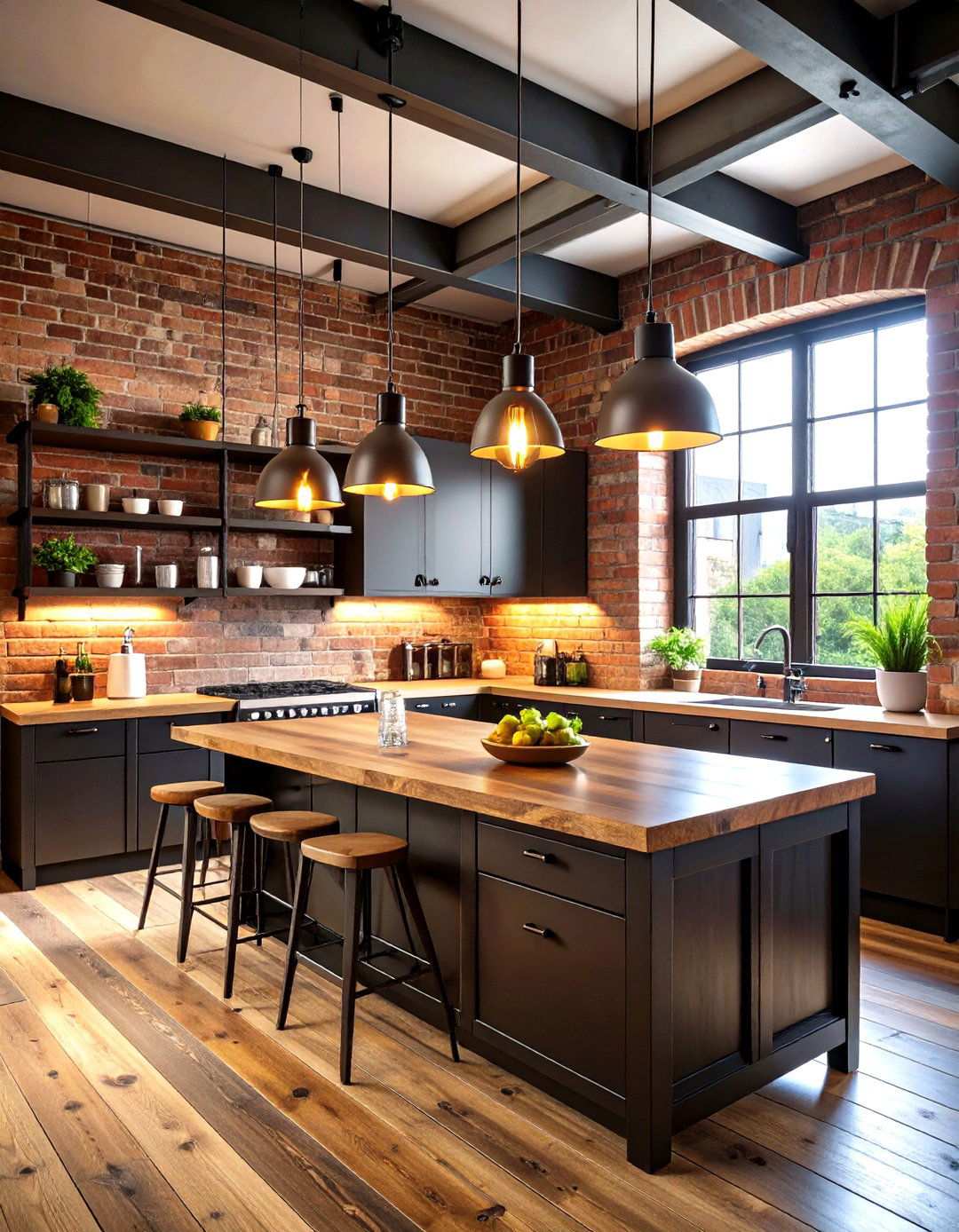 Industrial Black Cabinets with Reclaimed Wood Countertops - 24 Kitchen With Black Cabinets And Wood Countertops Ideas