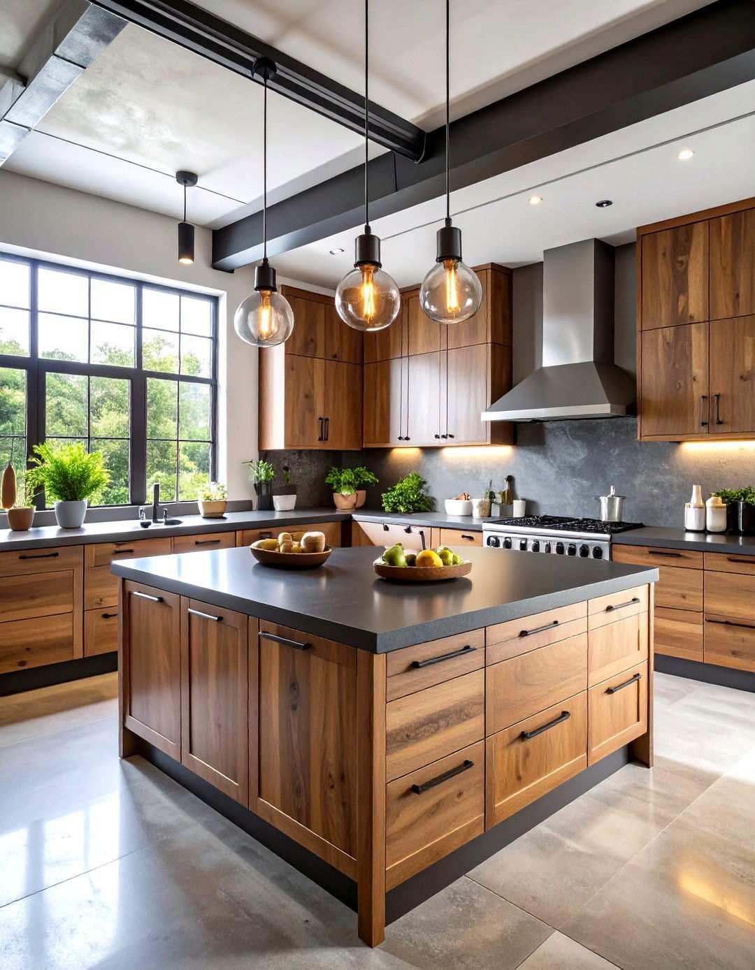 Industrial Chic Brown Cabinet Kitchen Design - 24 kitchen with brown cabinets and black countertops ideas