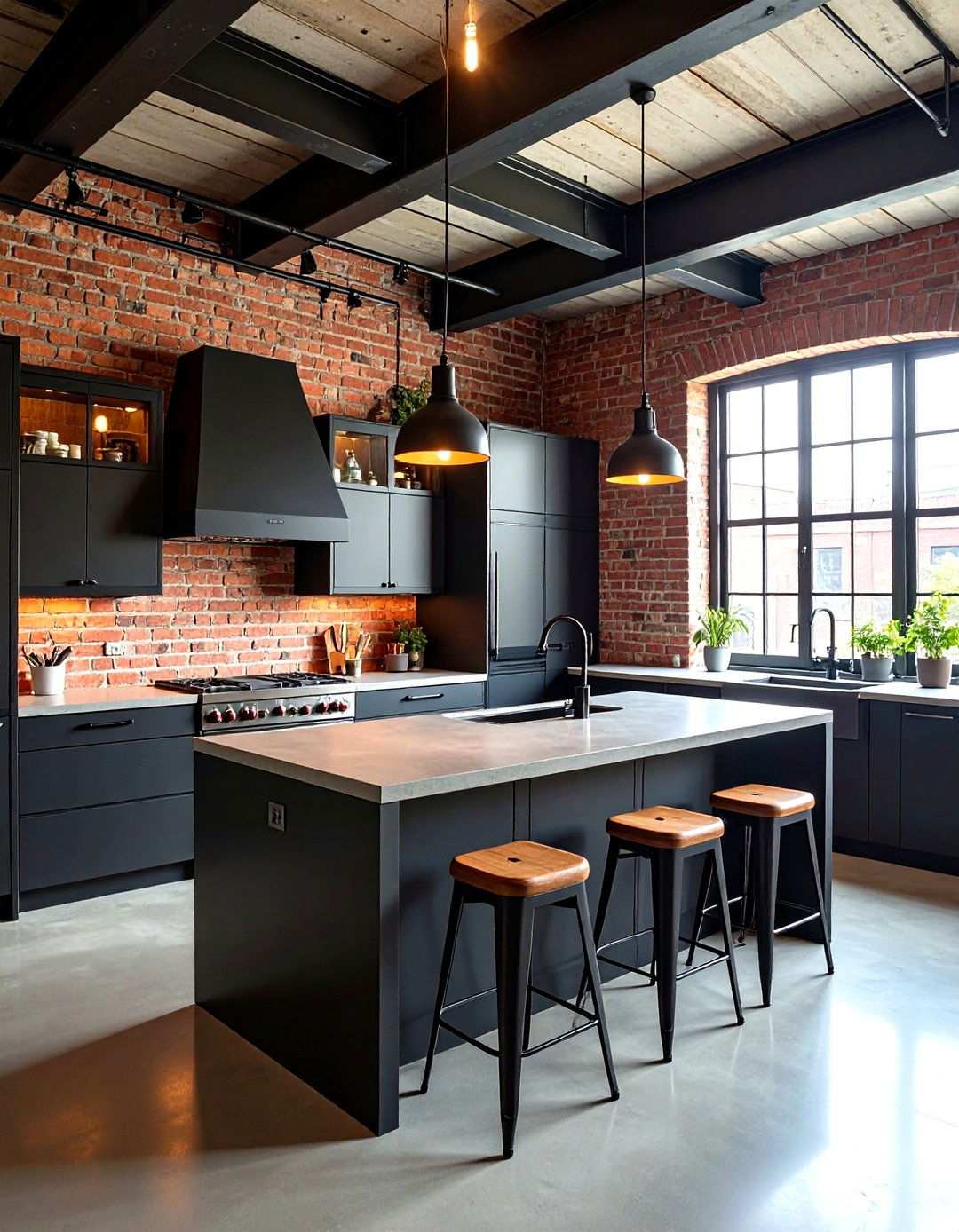 Industrial Chic One Wall Kitchen with Exposed Brick Backsplash - 24 One Wall Kitchen Ideas