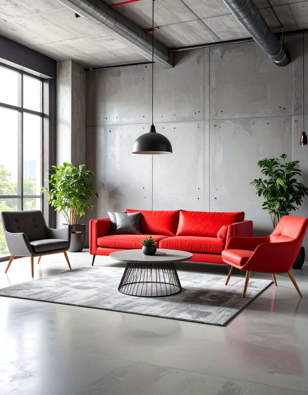 Industrial Chic Red Metal and Concrete Block Design - 24 Red and Grey Living Room Ideas