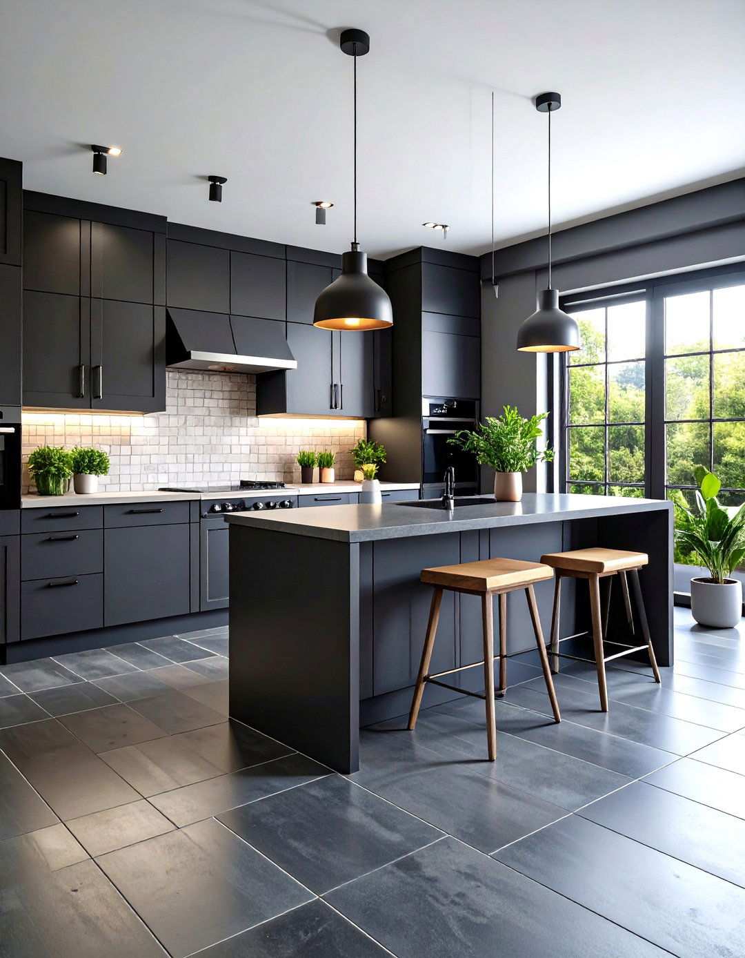 Industrial Dark Grey Tile Kitchen - 24 Kitchens With Grey Floors