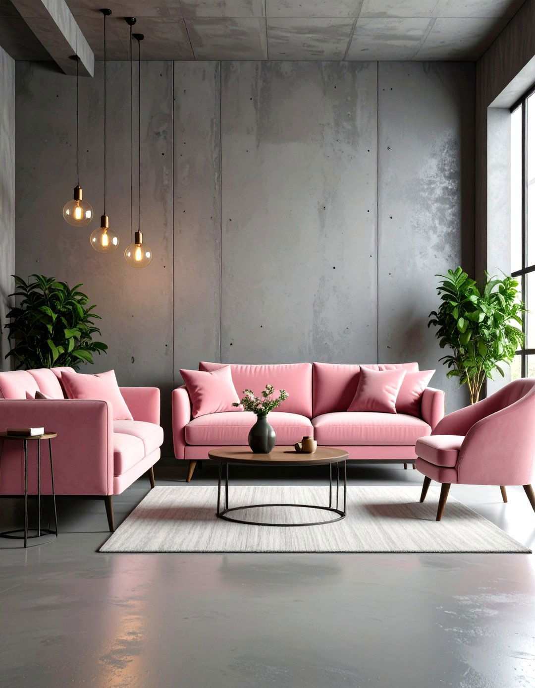 Industrial Grey with Dusty Pink Touches - 24 Pink and Grey Living Room Ideas