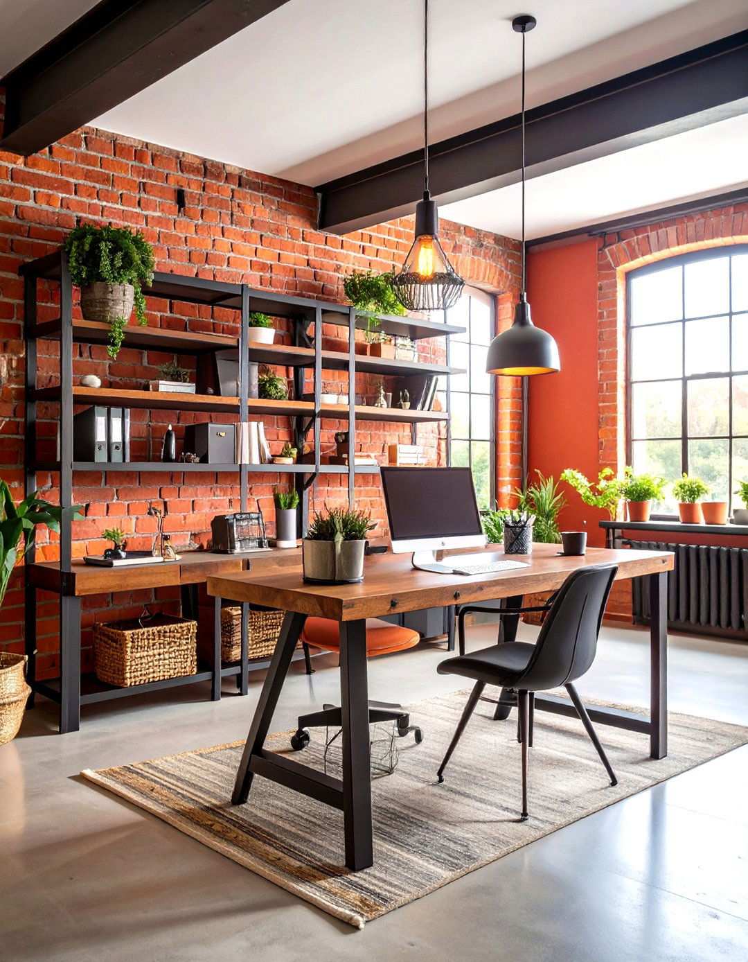 Industrial Loft Home Office with Exposed Brick Walls - 24 Small Home Office Ideas