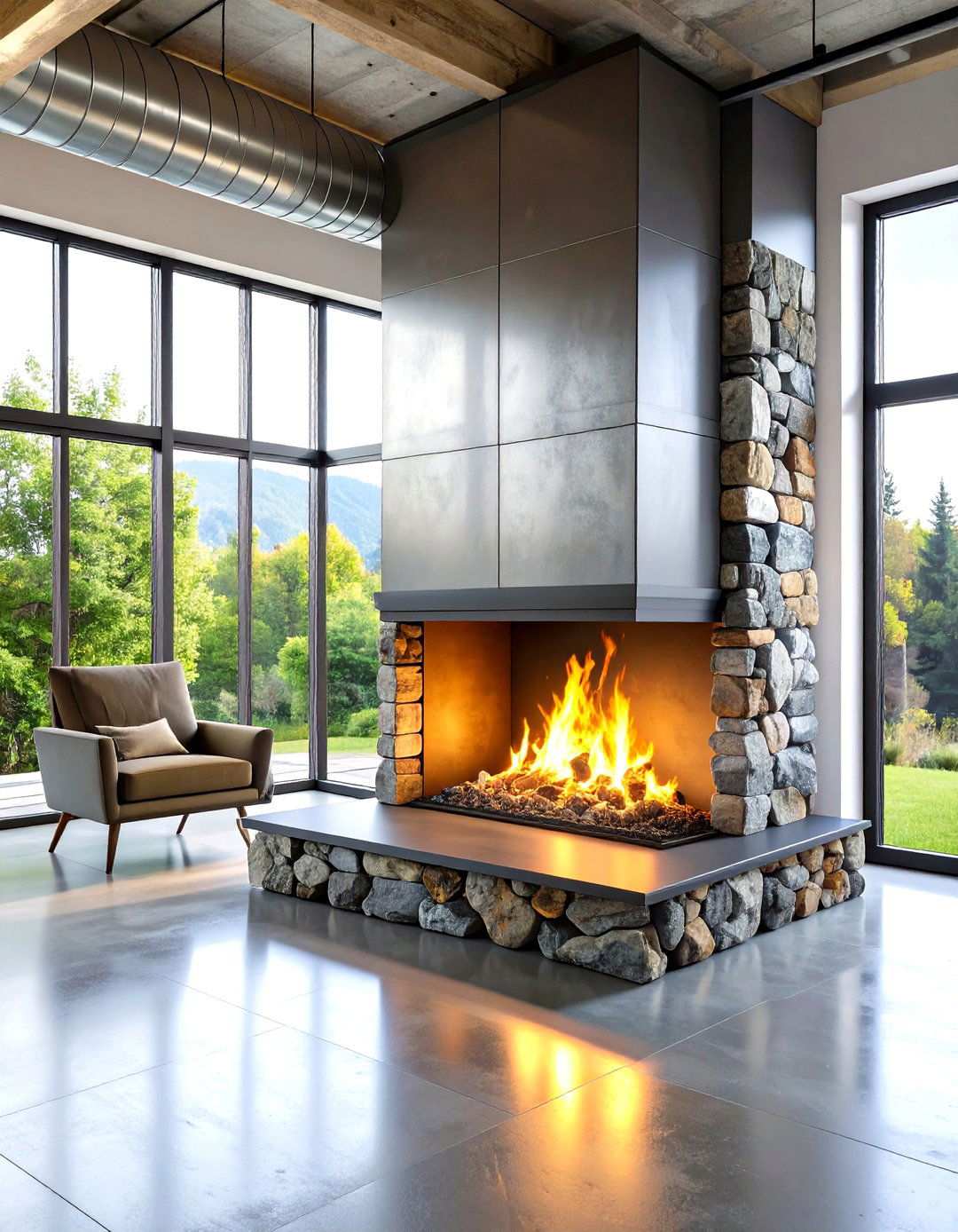 Industrial Metal and Stone Fireplace - 24 Rustic Fireplaces