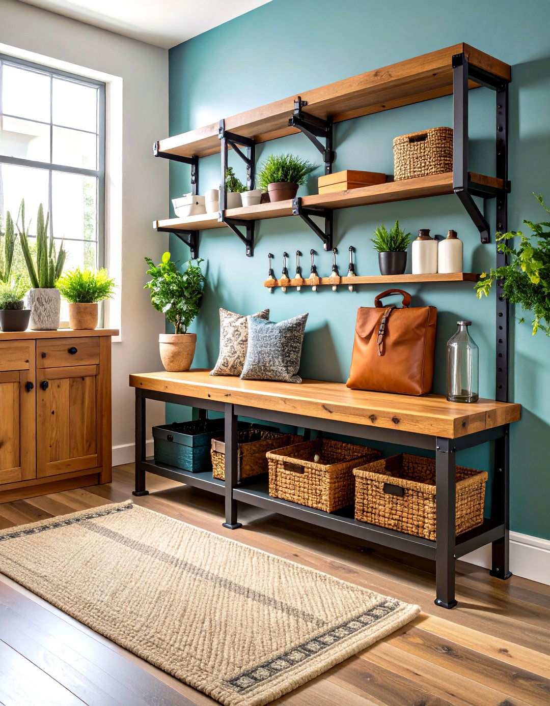 Industrial Metal and Wood Bench - 24 Mudroom Bench Ideas
