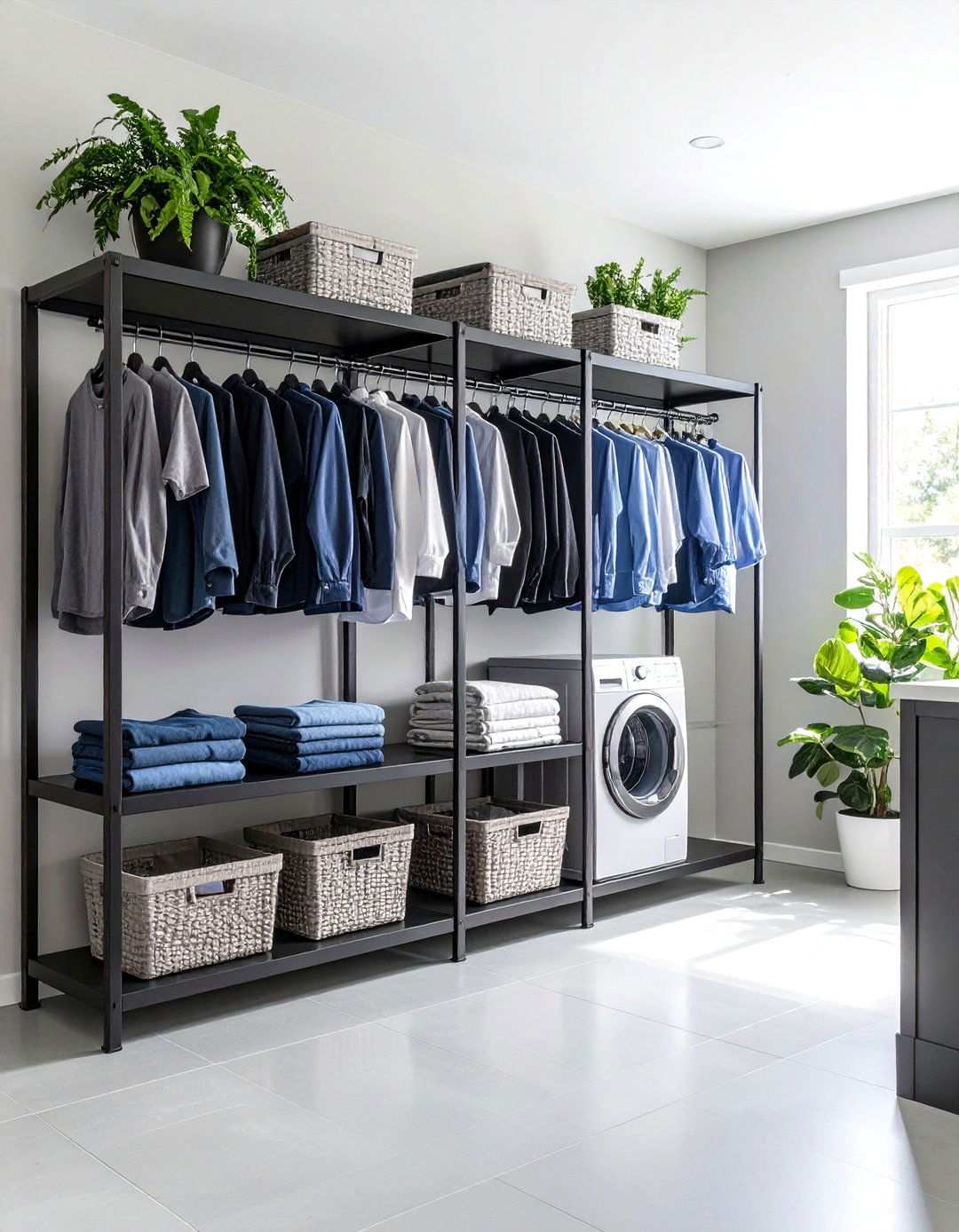 Industrial Metal Shelving with Rod Attachments - 24 Laundry Room Shelving Ideas