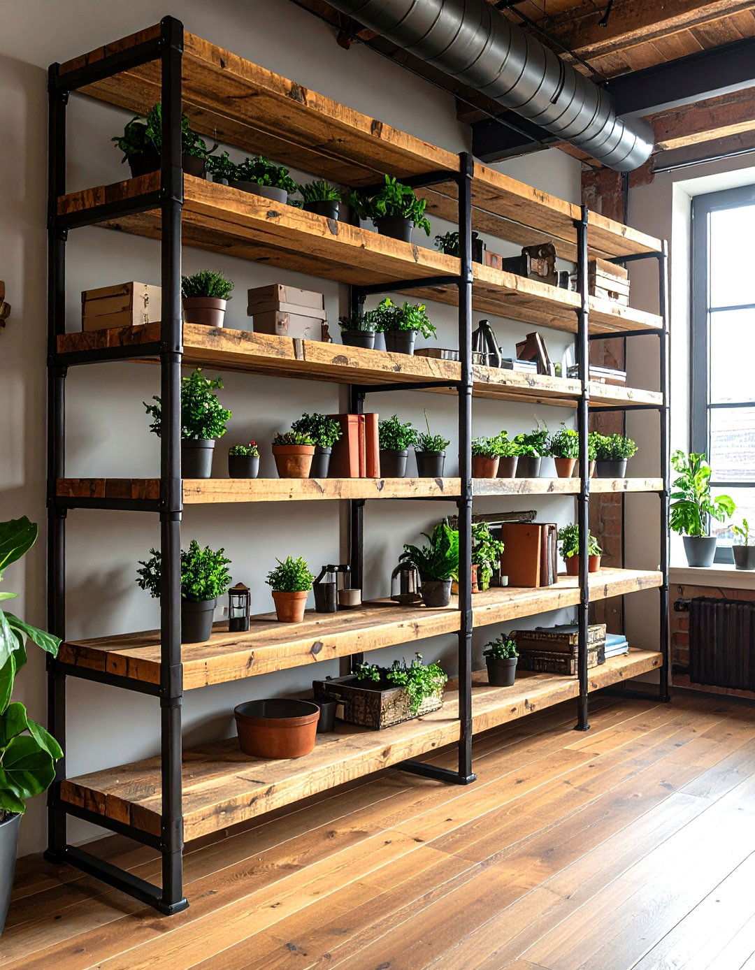 Industrial Pipe and Wood Shelving - 24 High Ceiling Tall Wall Decor Ideas