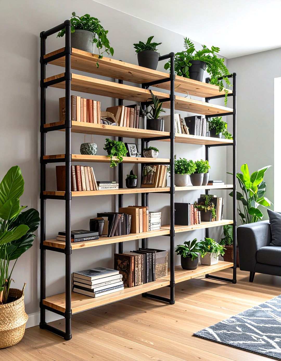 Industrial Pipe Shelving System - 24 living room wall decor ideas