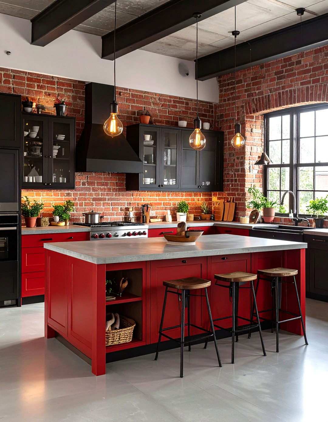 Industrial Red Brick With Black Steel Elements - 24 red and black kitchen ideas
