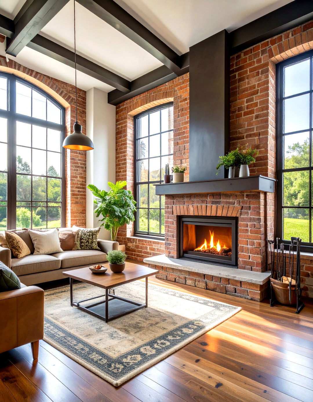 Industrial Rustic Brick with Iron Accents - 24 Rustic Brick Fireplace Ideas