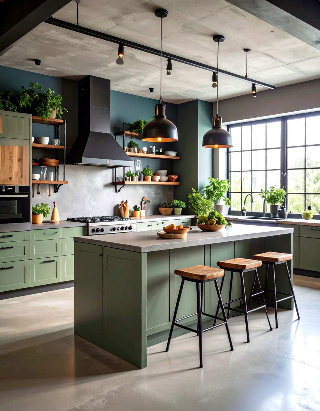 Industrial Sage Green Island with Concrete Countertops and Black Accents - 24 Sage Green Kitchen Island Ideas