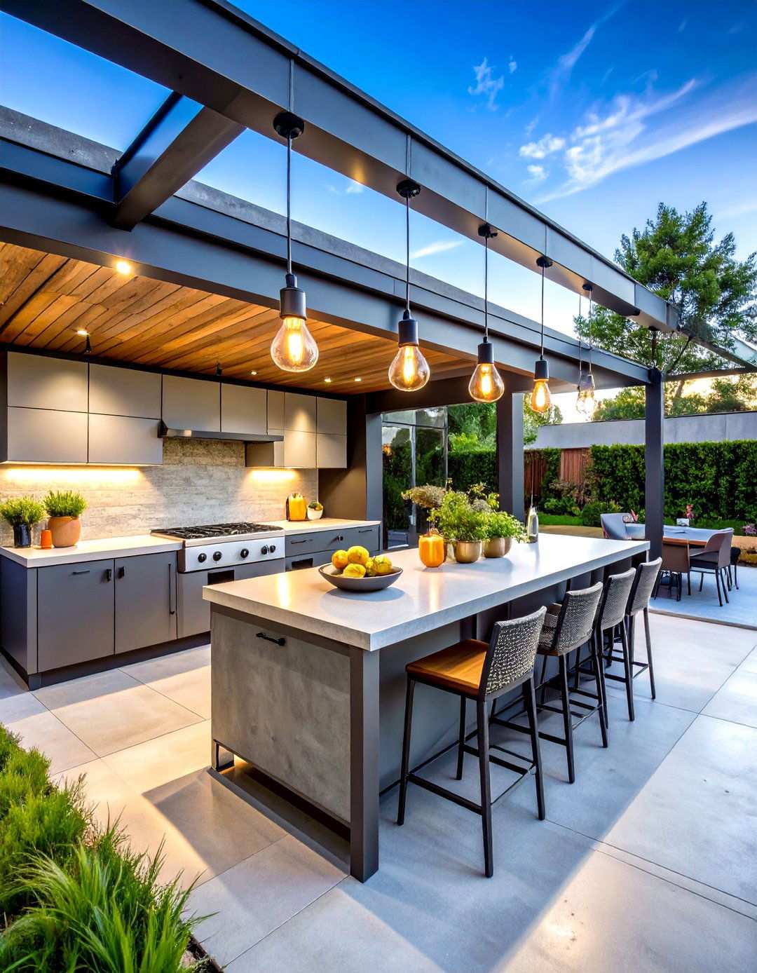 Industrial Style Outdoor Kitchen with Metal and Concrete Features - 24 Outdoor Kitchen Designs