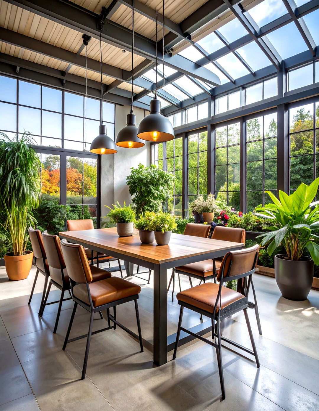 Industrial Sunroom Dining with Metal Accents - 24 Sunroom Dining Room Ideas