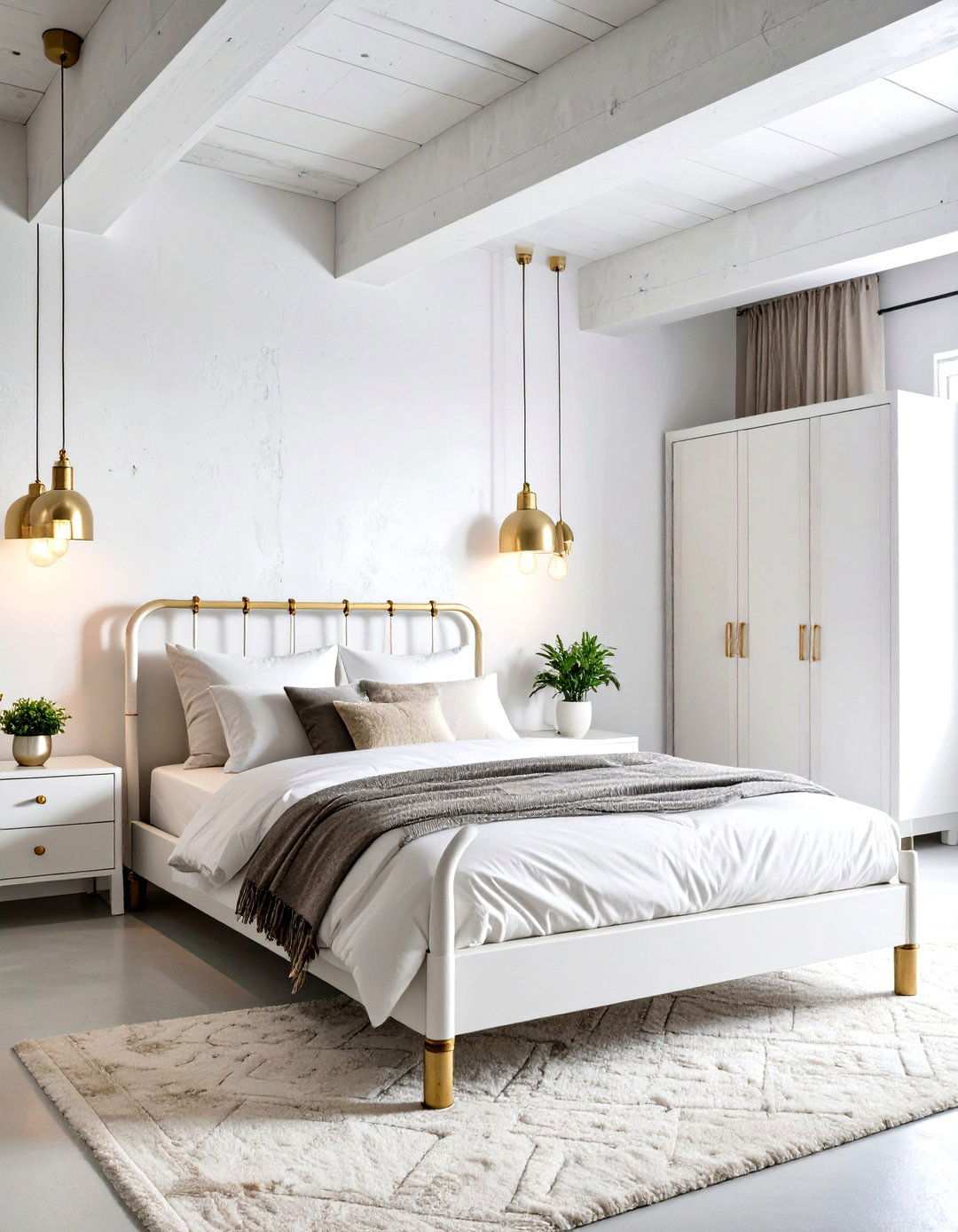 Industrial White Bedroom with Mixed Gold Metals - 24 White and Gold Bedroom Ideas