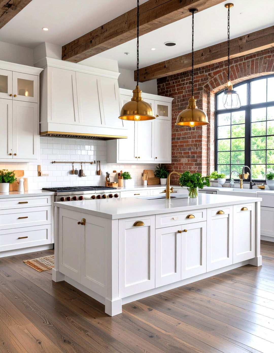 Industrial White Cabinets with Antique Brass Hardware - 24 White Kitchen Cabinets With Gold Hardwar