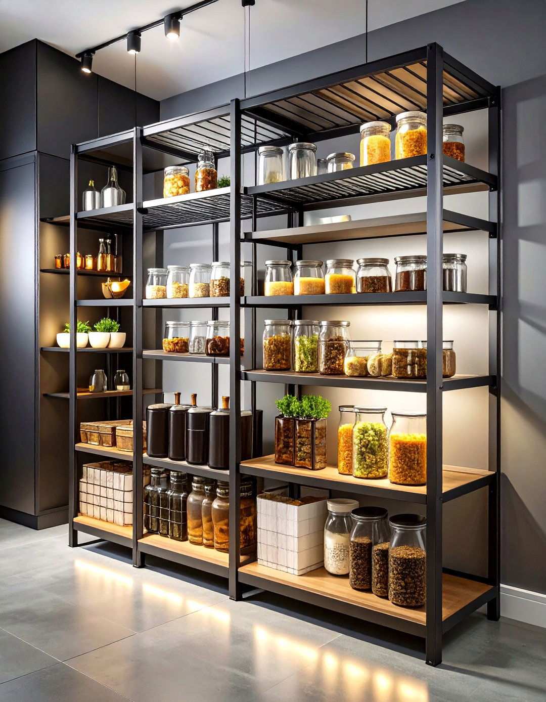Industrial Wire Shelving with Rolling Library Ladder - 24 Open Pantry Ideas