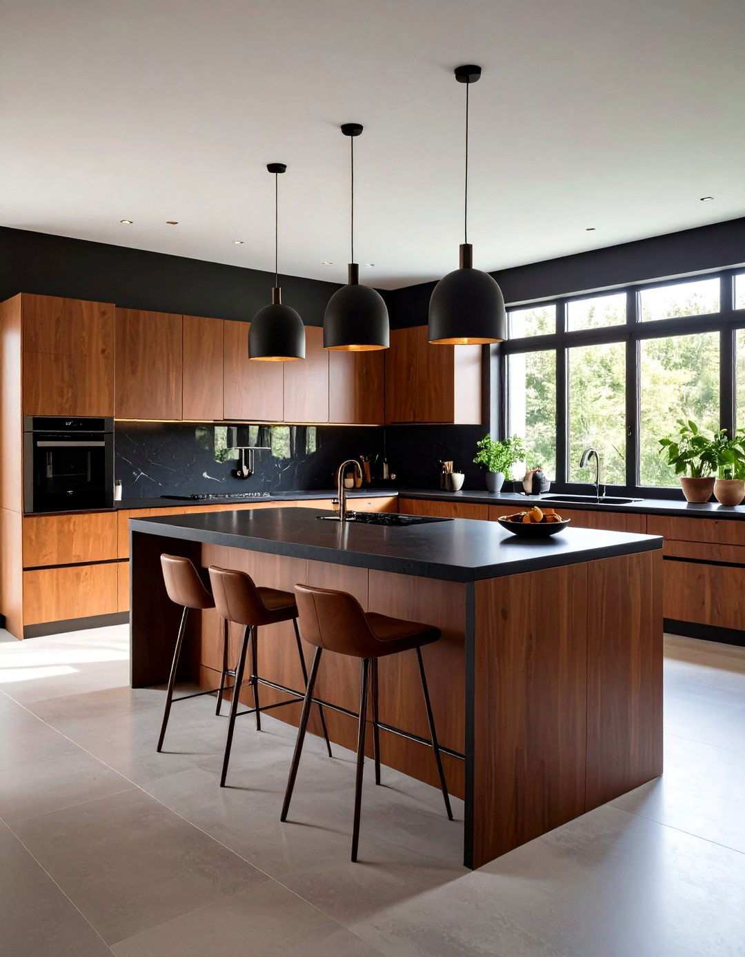 Island Design with Brown Cabinet Bases - 24 kitchen with brown cabinets and black countertops ideas