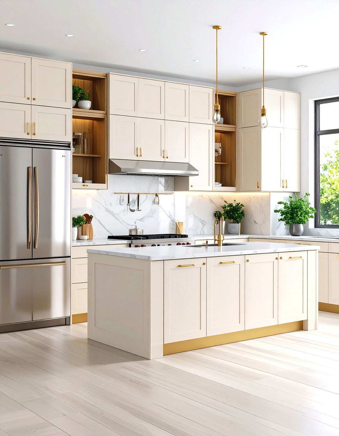 Ivory Flat Panel Cabinets with Stainless Steel Appliances - 24 Off-white Kitchen Cabinets