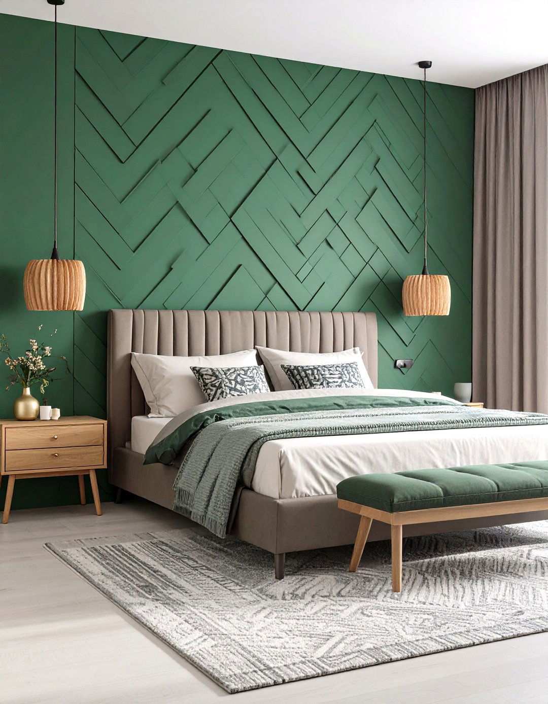 Jade Green Geometric Pattern Feature Wall - 24 Jade Green Bedroom Ideas