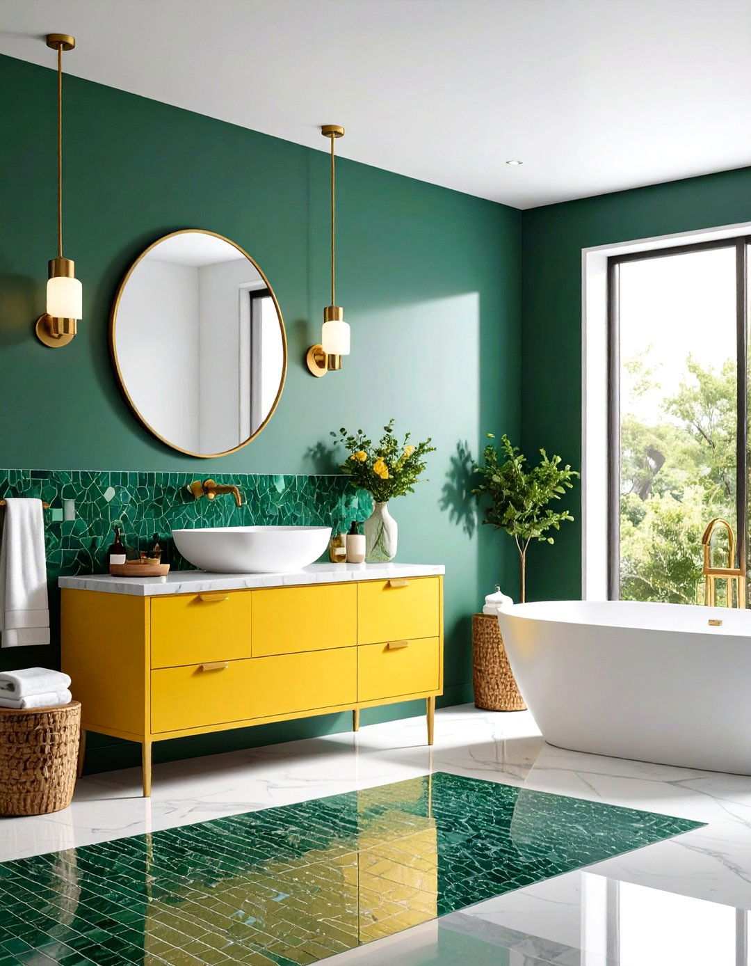 Jade Green Mosaic Tiles with Canary Yellow Vanity - 24 Yellow and Green Bathroom Ideas