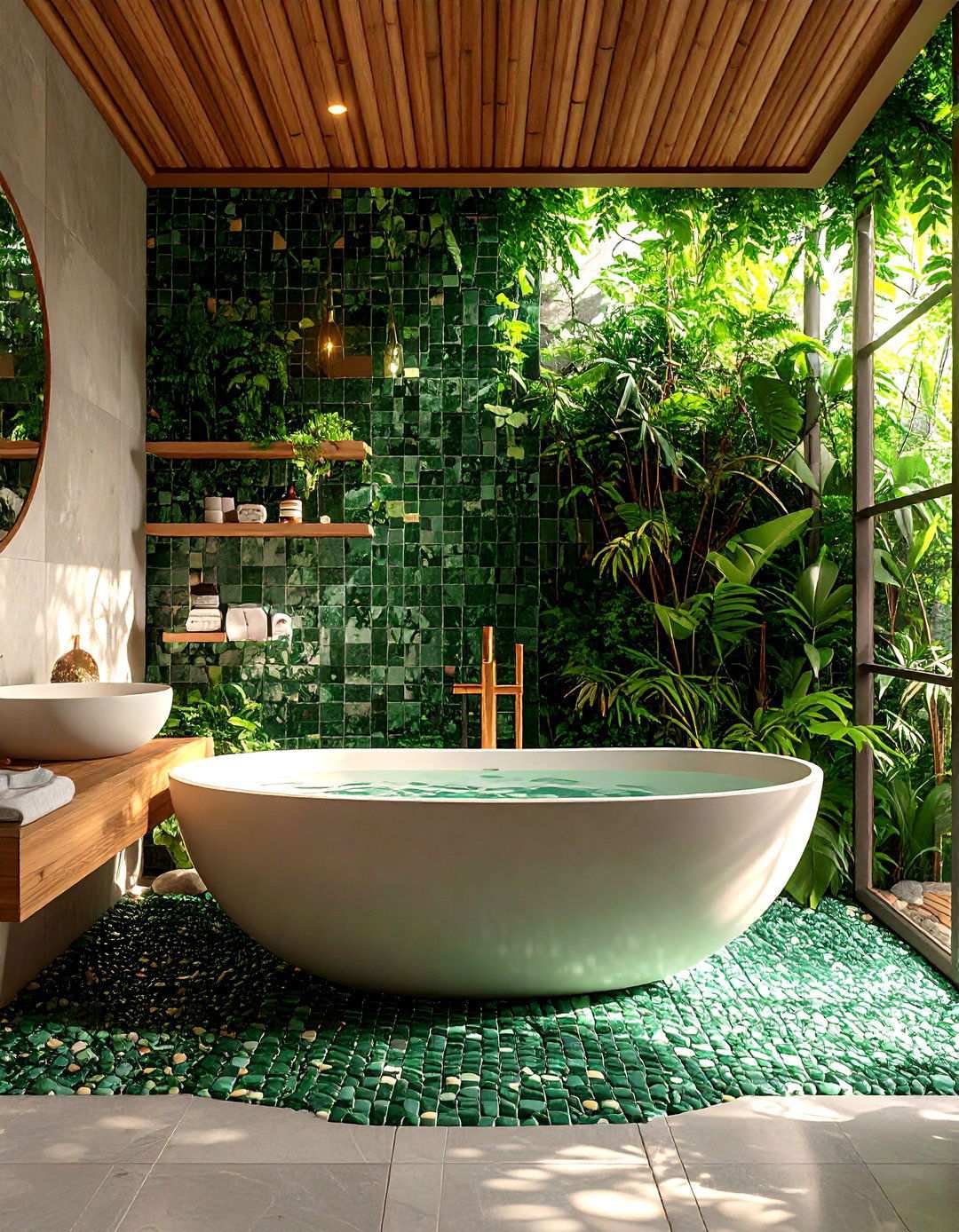Jade Green Spa Bathroom with Zen Elements - 24 Ways to Decorate With Jewel Tones