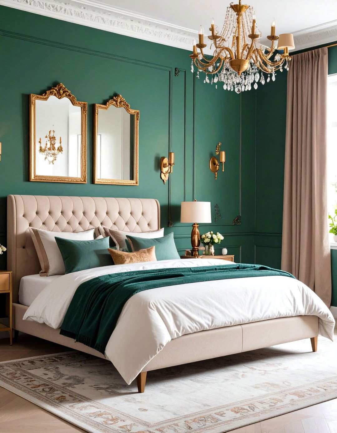 Jade Green Wallpaper Feature with Metallic Accents - 24 Jade Green Bedroom Ideas