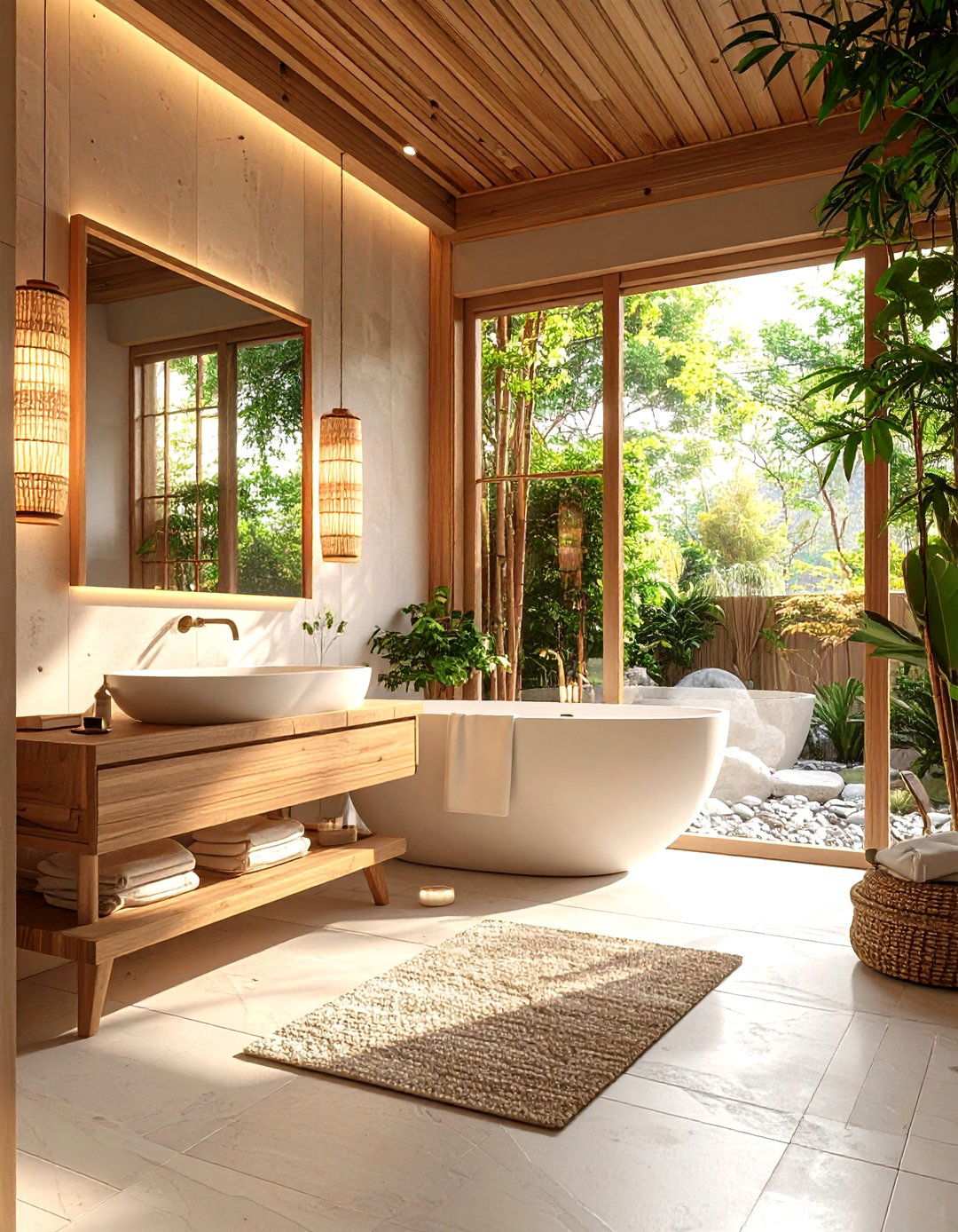 Japanese Inspired Zen Windowless Bathroom with Natural Materials - 24 Windowless Bathroom Ideas