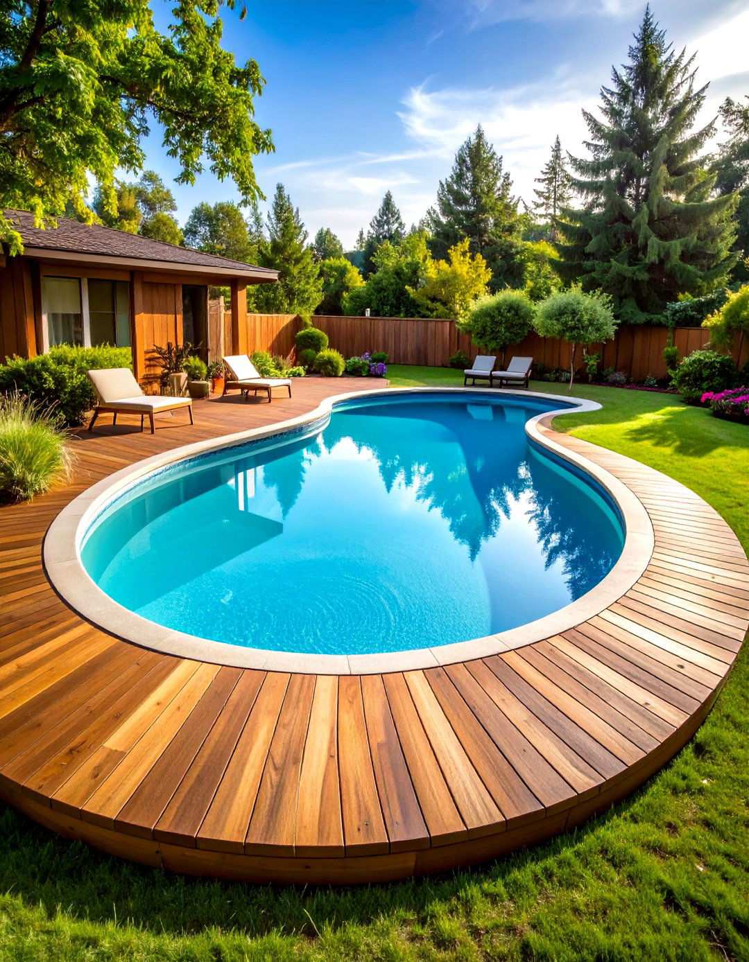 Kidney Shaped Swimming Pool with Curved Decking - 24 Swimming Pool Ideas