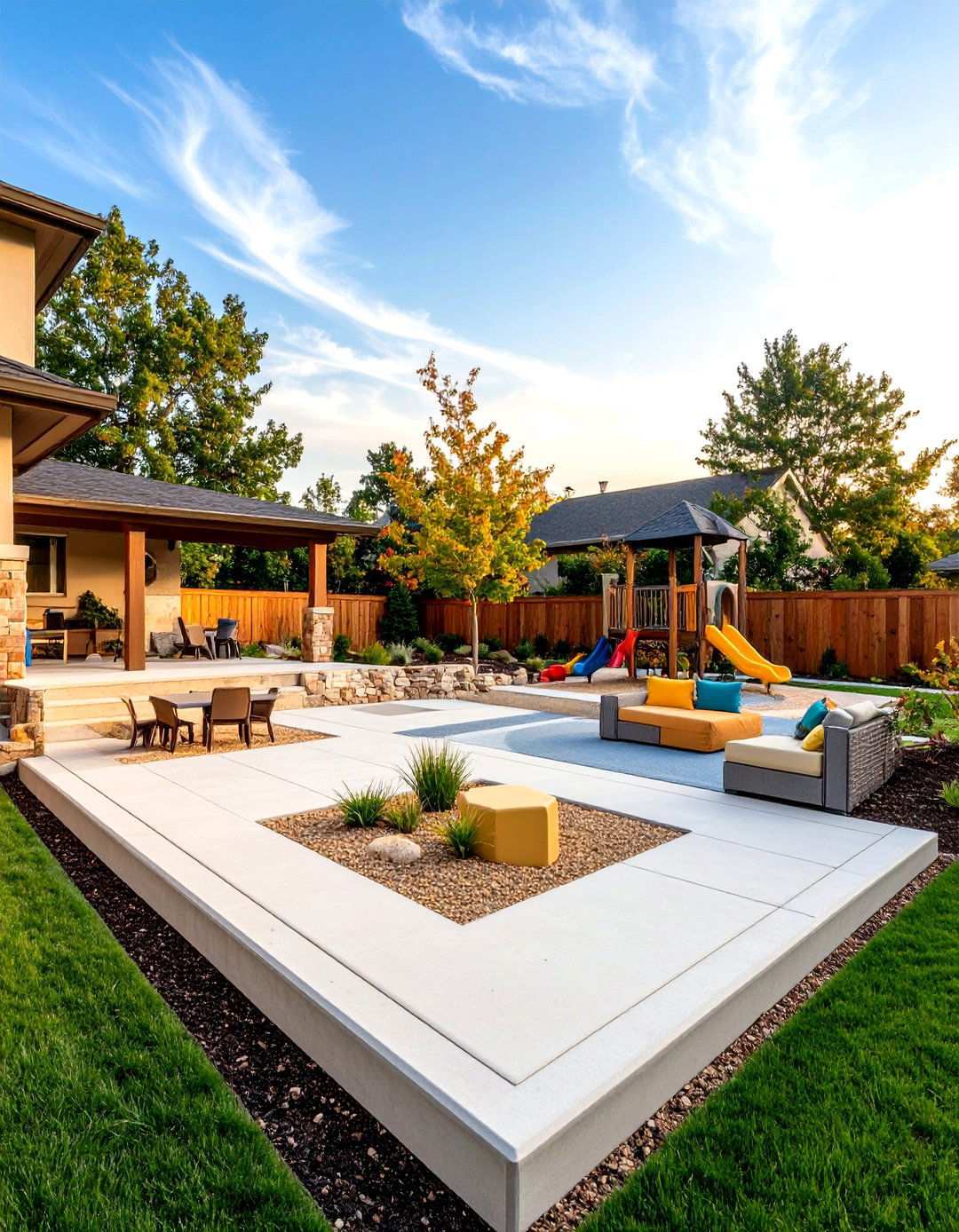 Kids Play Integration Raised Concrete Patio - 24 Raised Concrete Patio Ideas