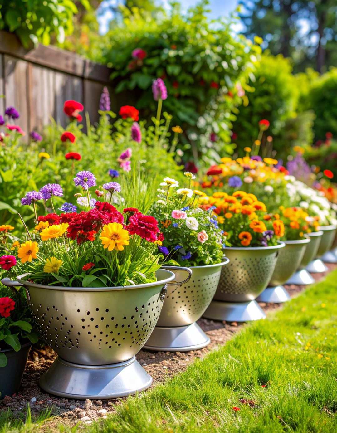 Kitchen Colander Planter Borders - 24 Recycled Garden Edging Ideas