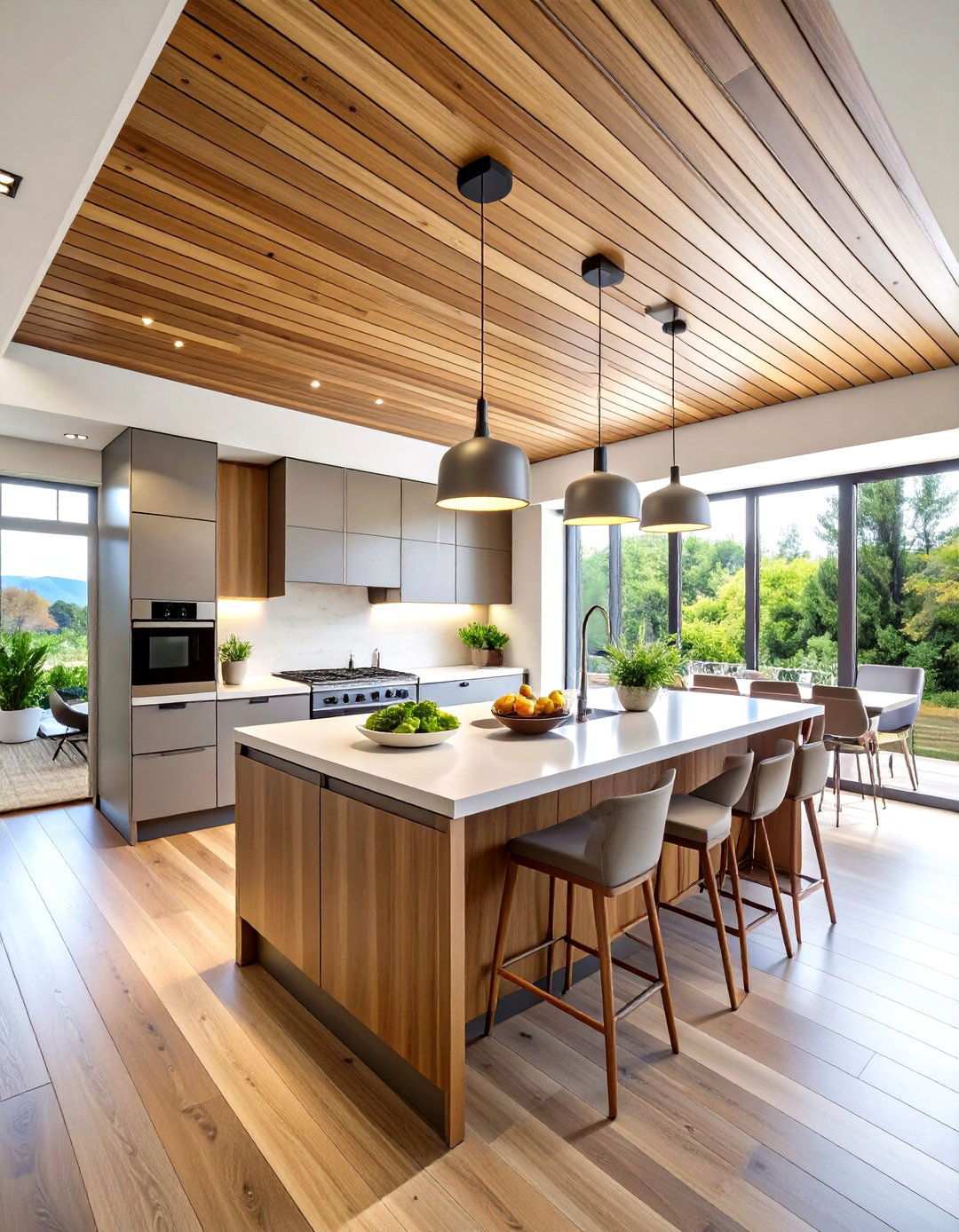 Kitchen Island and Dining Area Applications - 24 Wood Slat Ceiling Ideas