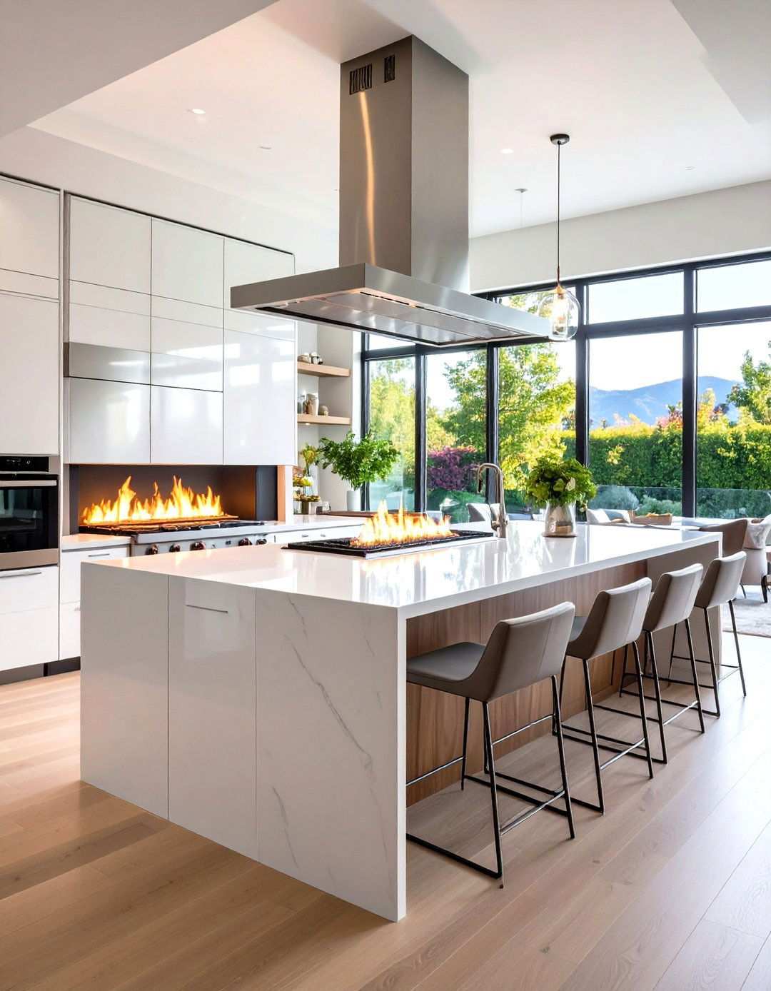 Kitchen Island Fireplace with Stainless Steel Integration - 24 Modern Fireplace Ideas